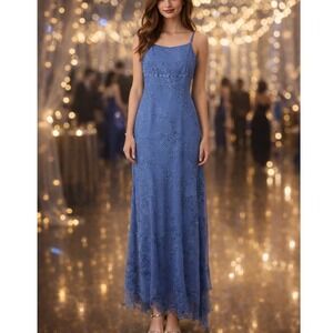 Blue Glitter Floral Mesh Maxi Dress Y2K Prom Gown Medium Fairycore Bratz